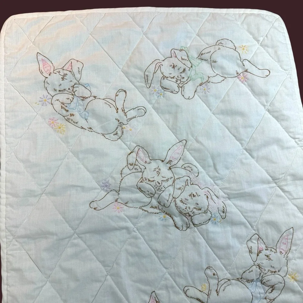 Vintage Baby Quilt Sleeping Bunnies Embroidered Crib Blanket Nursery 25x 32 1/2